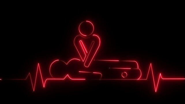 Neon CPR Resuscitation Animation with Heartbeat ECG Line on Black Background, Emergency First Aid and Life Saving Concept 4K...