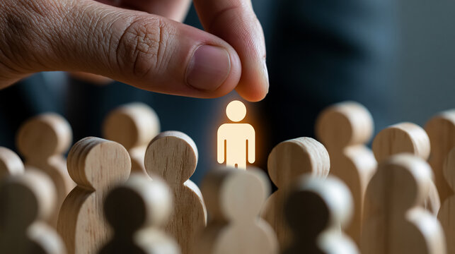 Hand Choosing Glowing Standout Figure from Crowd of Wooden People