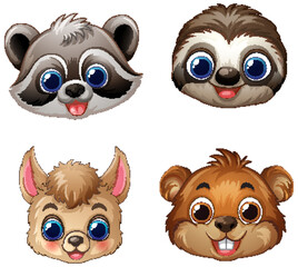 Fototapeta premium Set of Four Cute Cartoon Baby Animal Face Vector Illustrations