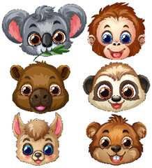 Fototapeta premium Set of Six Cute Cartoon Baby Animal Face Vector Illustrations