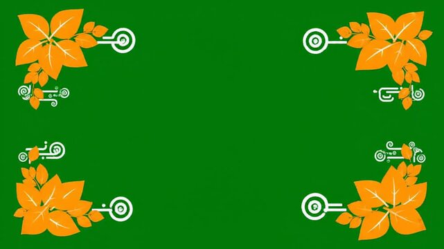 Decorative floral corner frame animation showcasing elegant autumn leaves on a vibrant green background, creating a seamless motion graphic border for video projects