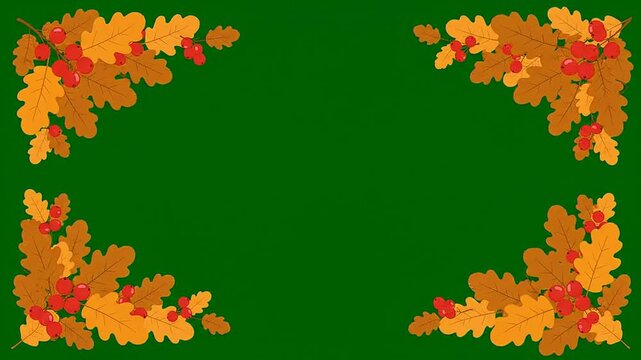 Autumn oak leaves and red berries border representing a seasonal frame, showcasing a decorative organic corner design element for Thanksgiving and harvest events