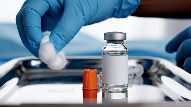 Close-Up of Medical Vaccine Vial with Cotton and Injection Cap in Clinical Setting on Stainless Steel Tray