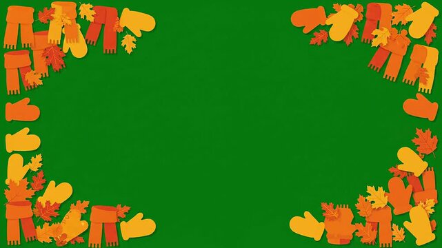 Cozy autumn frame animation showcasing seasonal mittens scarves and falling leaves illustrating a seamless festive border for holiday marketing and design projects