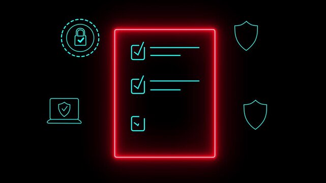 A digital checklist displayed on a glass-like panel, surrounded by security icons symbolizing data protection, privacy, and online safety. Glowing neon background,....