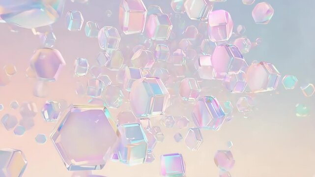 Abstract Iridescent Hexagonal Crystal Glass Shapes Floating in Pastel Space