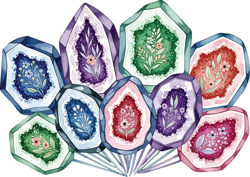 Watercolor geode crystals with floral patterns inside isolated on white background for decorative design and stationery