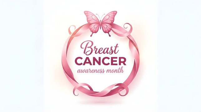 Breast cancer awareness month pink ribbon with butterfly symbol for support hope