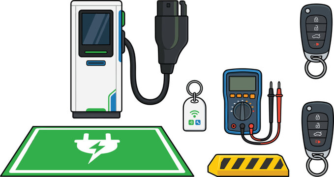 Electric vehicle charging station vector set featuring EV power terminal, parking mat symbol, digital multimeter, key fobs, and wheel stopper.
