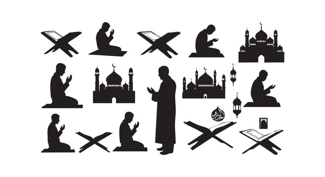 Set of islamic prayer silhoutte icons with man praying, holy quran, mosque, and lantern for ramadan kareem.