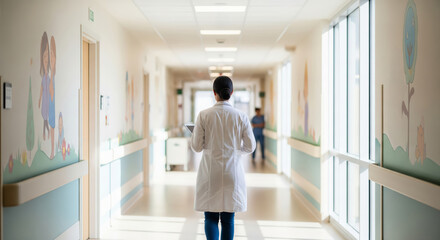 Fototapeta premium Female Pediatrician Walking Through a Colorful Children's Hospital Corridor With Tablet