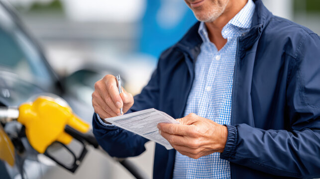 Driver refueling at gas station signing receipt by pump with yellow nozzle in foreground for travel and road trip editorial banner and service station guide