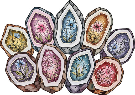 Collection of decorative crystal geode illustrations featuring internal floral patterns and botanical elements in watercolor vector style