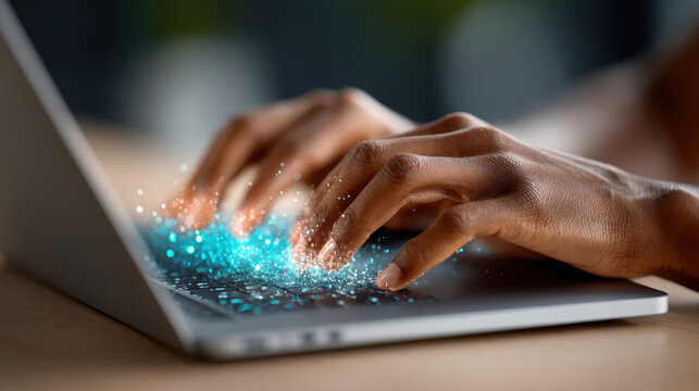 Closeup hands typing on laptop with glowing blue particles for cybersecurity and risk monitoring banner design and digital security background