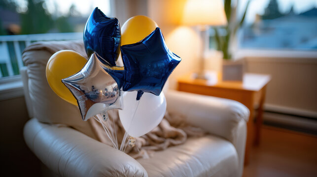 Cozy living room birthday setup with matte star and round balloons tied to armchair for intimate celebration, surprise party staging and home event decoration