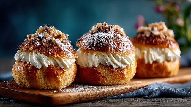 Traditional swedish semla bun with cream and powdered sugar for fika time