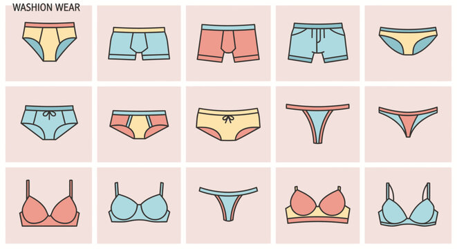 Vector illustration of various underwear types including bras panties boxers and briefs icons set.