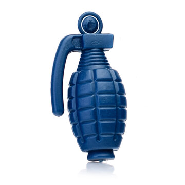 A blue plastic toy grenade on a white background.