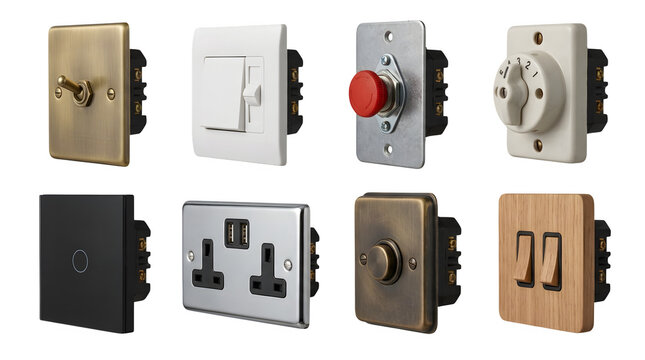 Industrial light switches and electrical sockets collection, vintage brass and modern chrome wall plates, variety of power outlets and dimmers