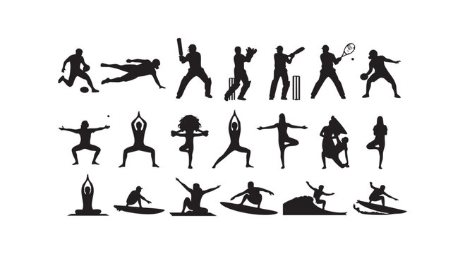 Set of various sport silhouettes including soccer, tennis, cricket, rugby, surfing and yoga for diverse activities.