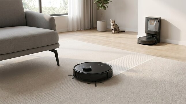 A black robot vacuum cleaner with a cat sitting on a white rug in a living room with a gray couch and a potted plant in the background.