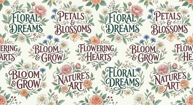 Vintage elegant cursive typography seamless pattern with watercolor flowers on cream background.
