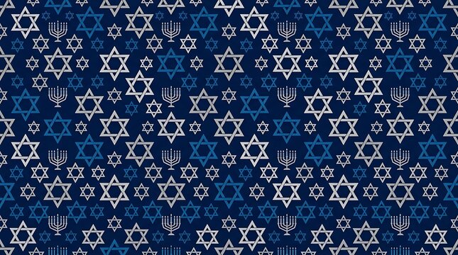 Seamless hanukkah pattern with stars of david and menorahs on blue