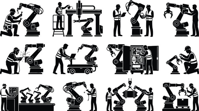 Industrial robots and workers collaborating in factory