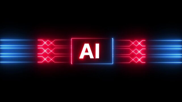 Networking chip icon futuristic neon circuit board AI animated. on black background. Motion graphic of 4K Animation.