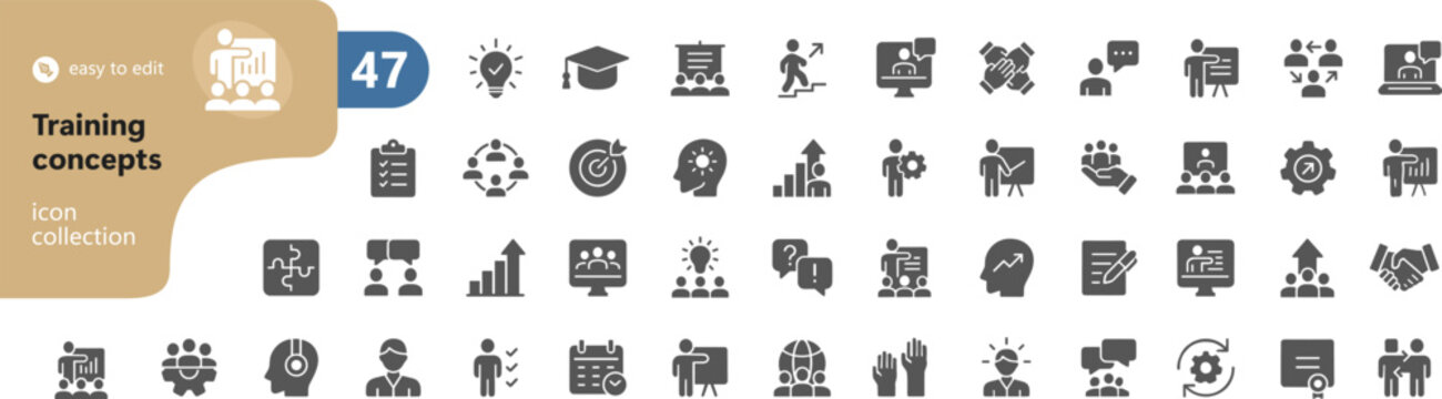 Set of 47 professional meeting icons for business communication and collaboration