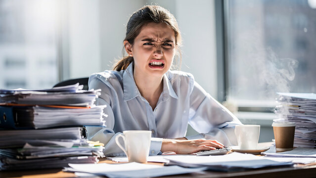 Stressed businesswoman grimacing amidst towering stacks of documents and papers, suitable for corporate stress, deadline pressure and office overload