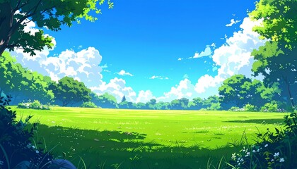 Fototapeta premium Anime Style Illustration of a Sunny Green Meadow with Lush Trees and Blue Sky