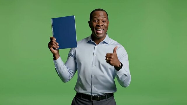 Confident Man Holding Blue Folder Giving Thumbs Up On Green Screen Background For Business And Education Success Concepts
