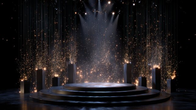 Stage with spotlights and falling glitter at night