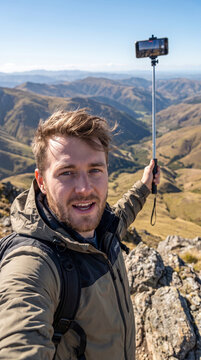 Young hiker taking selfie on mountain peak with monopod
