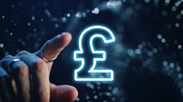 Hand touching glowing neon British pound symbol on abstract digital background