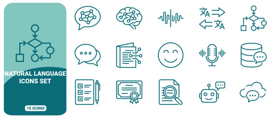 Natural language processing icon set, 15 linear symbols featuring artificial intelligence, speech recognition, data analysis, and chatbots © ico-vect
