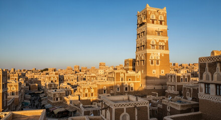 Fototapeta premium Ancient Mud Brick Tower Houses Cityscape Warm Sunset Light Middle East Architecture