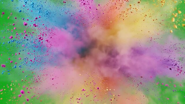 Explosion of vibrant colours powder on green screen concept. Colorful powder explosion with vibrant rainbow hues on green background celebrating creativity and energy