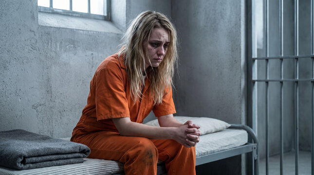 Distressed woman in orange prison jumpsuit sitting on a cot in cell