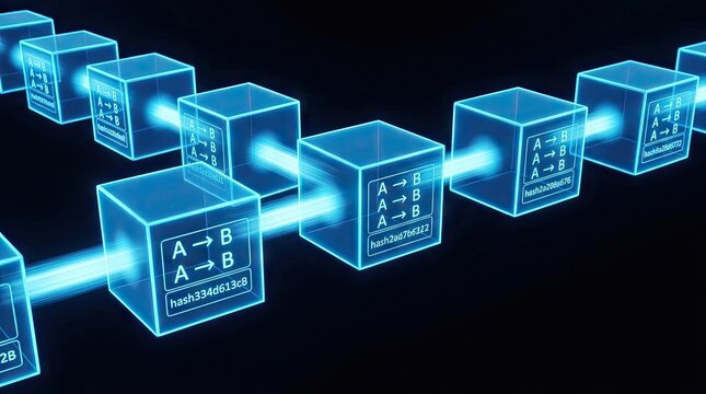 A blockchain chain with blue cubes and a blue light connecting them, representing a digital ledger or cryptocurrency network.