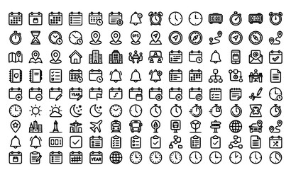 Fototapeta premium Business Date Time Address and Navigation Outline Icons with Calendar Clock and Location Editable Stroke Vector Mega Set