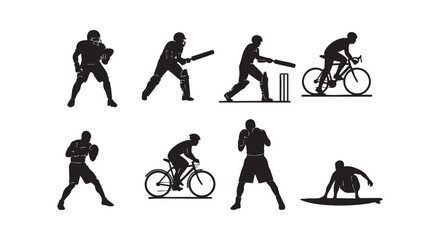 Fototapeta premium Sport silhouette set various athlete figures performing different activities like football boxing cycling and surfing vector.