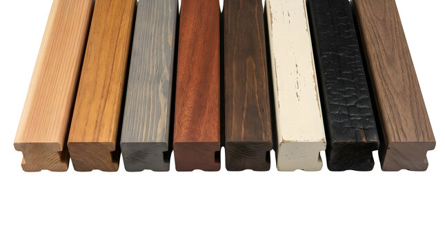 Natural wood stain samples on timber planks, variety of hardwood finishes for interior design, collection of 8 wooden deck board swatches on white background