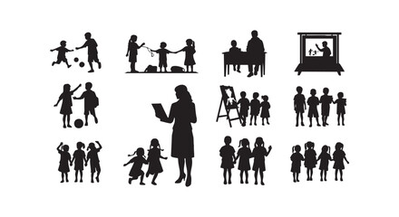 Fototapeta premium Teacher and school children silhouettes set featuring classroom activities students playing and educational group scenes.