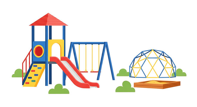 A vibrant playground clipart illustration featuring a red slide outdoor swing set climbing dome and sandbox in a public park