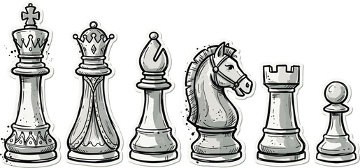 Hand Drawn Chess Piece Vector Sticker Set with King Queen Bishop Knight Rook and Pawn Sketch Elements for Board Game Designs © Rimu
