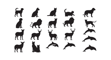 Fototapeta premium Various animal silhouettes collection, featuring dogs, cats, lions, deer, and dolphins, vector illustration on white background.