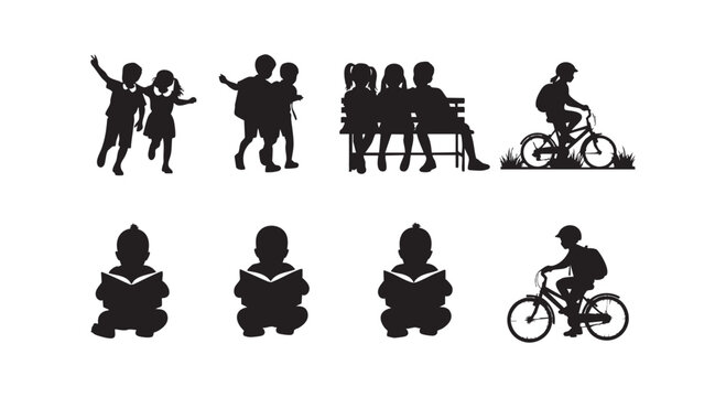 Young children daily activities silhouettes showing kids running to school riding bicycles and toddlers reading big books.