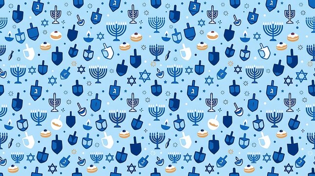 Hanukkah symbols seamless pattern with menorah dreidel and star icons